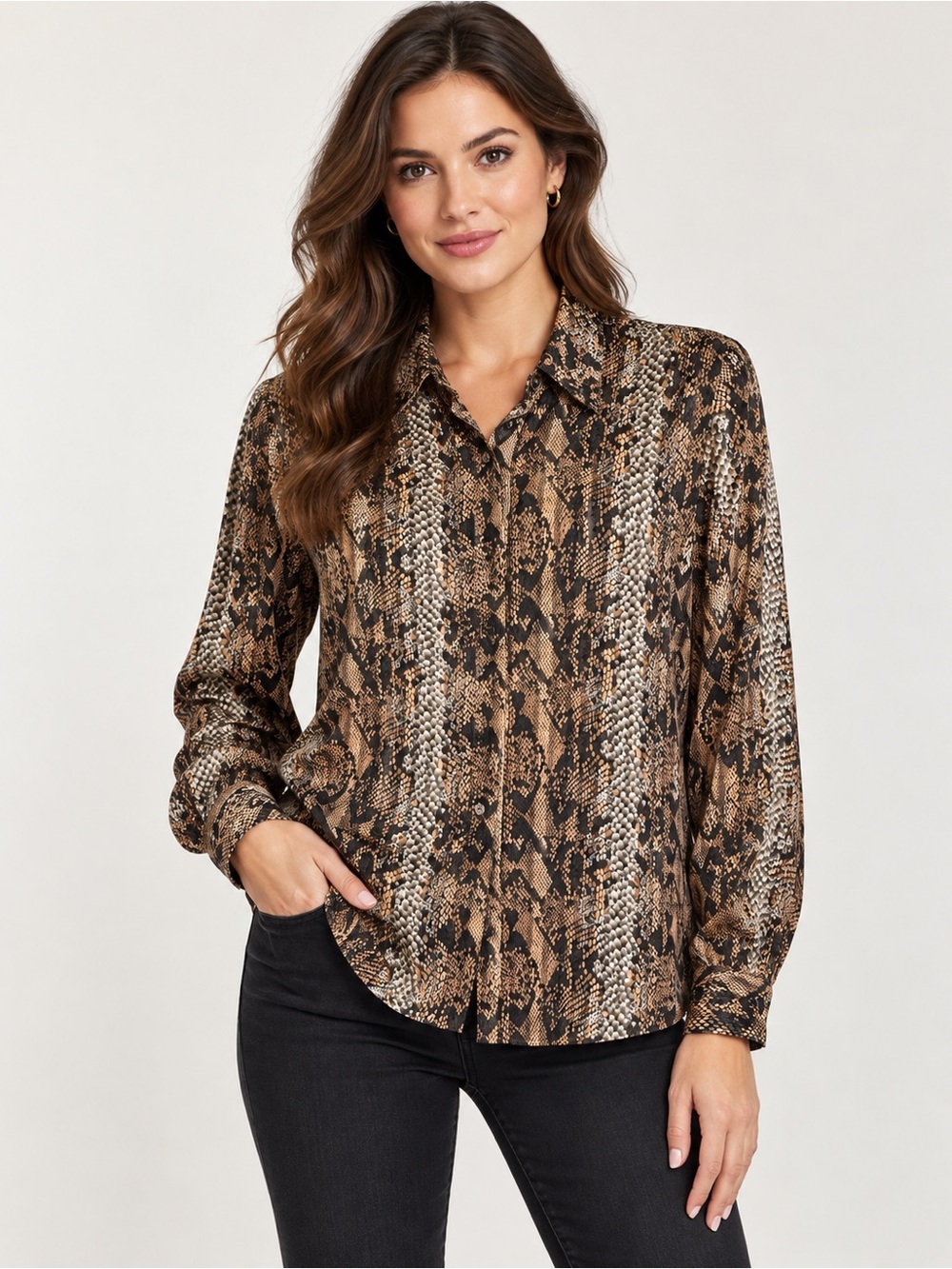 Yves St. Clair Brown and Black Snake-Print Button Down Shirt Size M Neutral